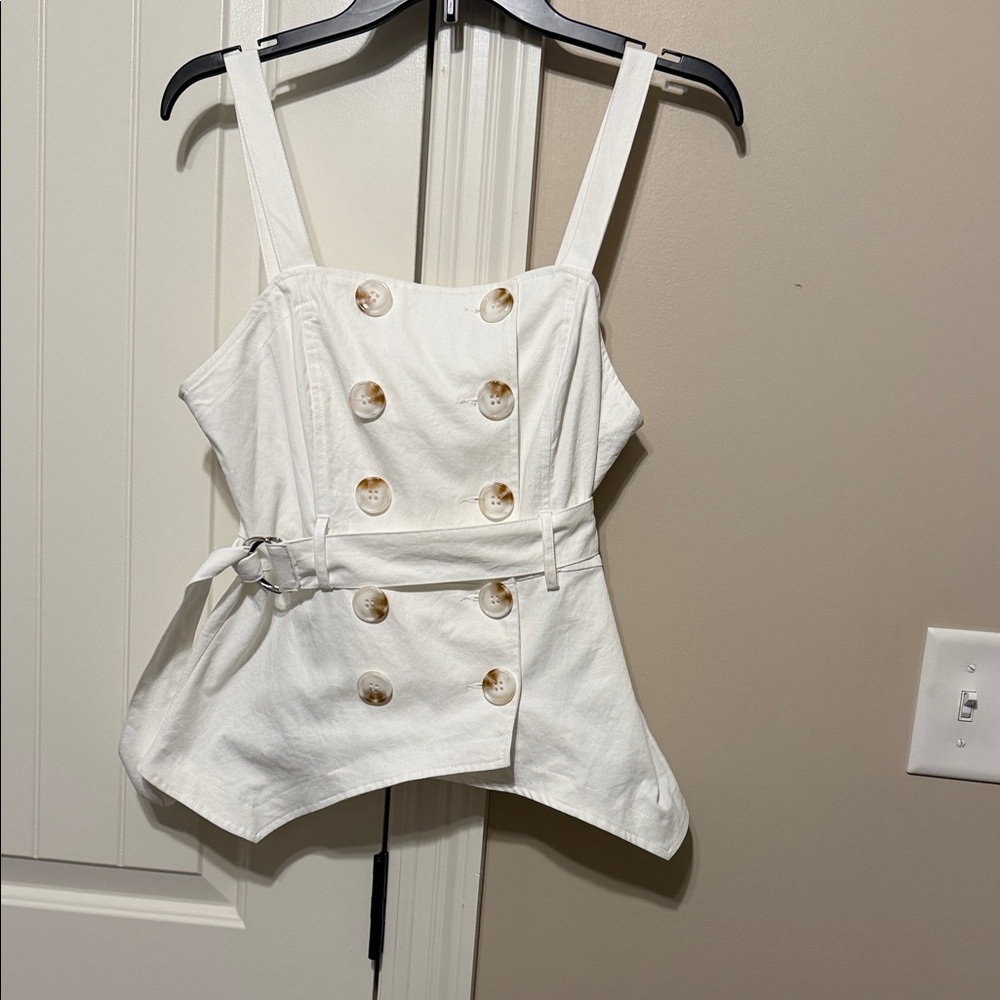 White Double-Breasted Belted Tank Top with Decorative Buttons